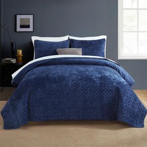 Velvet Bedspread Quilt Bedding Sets,Luxury Elegant Ultra Soft Velvet Comforters Coverlet Blankets,Weave Stitching Pattern Cotton Quilted Bedspread for All Seasons,Navy Blue,Queen Size (Queen (90 by98inch))