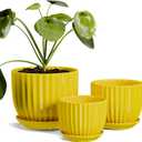 Ton Sin Ceramic Flower Pots,Yellow Plant Pots for Indoor Plants,4.1+5.1+6.5 inch Ceramic Plant Pots with Tray,Medium Indoor Planters for Aloe Cactus Decorative Pots with Drainage Hole (Set of 3)