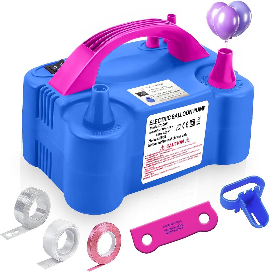 Electric Balloon Pump,110V 600W Portable Dual Nozzles Balloon Pump,Air Pump Balloon Blower for Party Decorations with Tying Tool (Small, Blue)