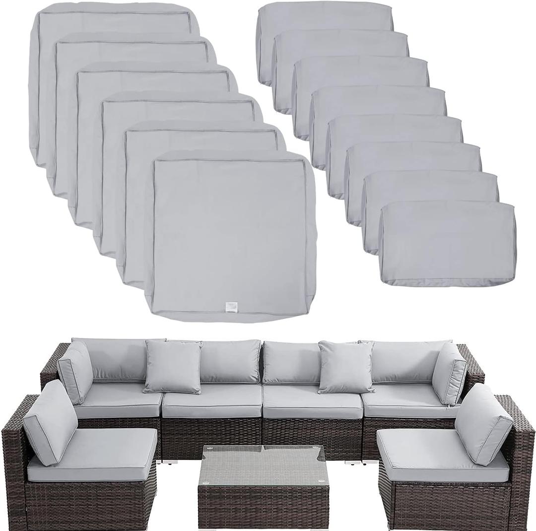 ClawsCover 14Pack Outdoor Patio Seat and Back Cushions Replacement Covers Fit for 7Pieces 6-Seater Wicker Rattan Sectional Couch Chair Furniture Set,Gray-Include Cover Only (Large) (Grey)