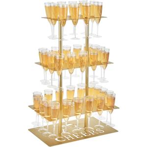Metal Champagne Flute Holder Stand for Party 3-Tier Champagne Tower Display Holds 42 Glasses, Gold Champagne Stand Holder for Wedding, Event, Celebration (Gold, Rectangle)