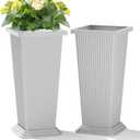 TUYOHW Set of 2 Large Tall Planter for Indoor or Outdoor 24" Flower Pots Tapered Tall Planters with Tray for Porch, Patio, Backyard, Large Planters for Outdoor Indoor Plants(White,Striped)