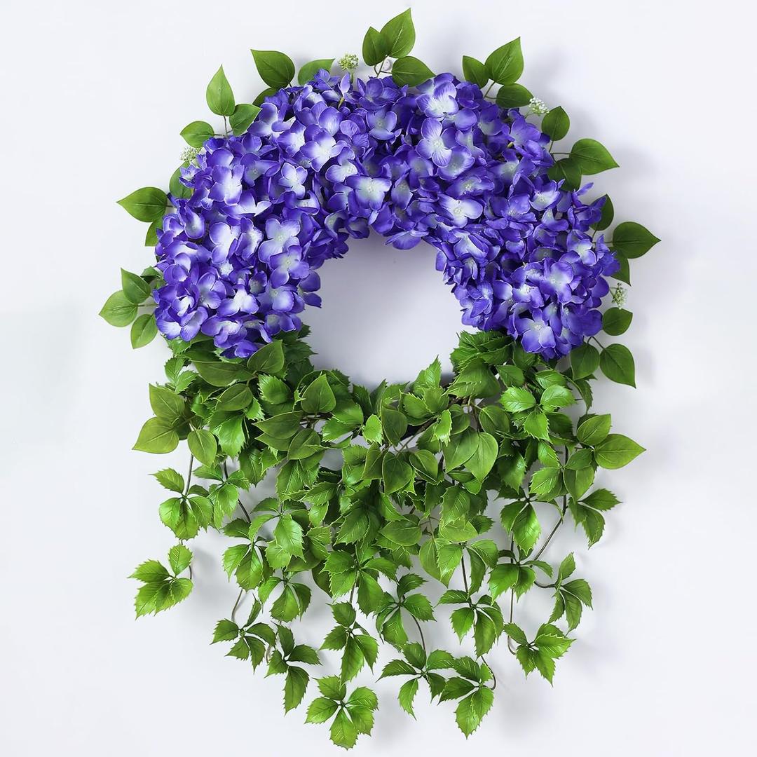 Artificial Hydrangea Wreath for Front Door Outside - Fake Hydrangea Real Touch Ivy, Spring Summer Greenery Flowers Wreath, for Home Mantel Window Farmhouse Decor (23", Purple)