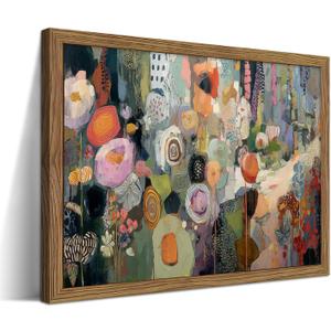 Framed Vintage Colorful Flower Canvas Wall Art, Abstract Floral Graffiti Poster Prints, Modern Boho Botanical Artwork, Elegant Nature Wall Decor for Living Room Bedroom Office 16x24in