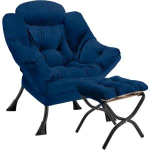 Lazy Chair with Folding Ottoman Modern Large Accent Chair,Contemporary Lounge Leisure Sofa Chair with Armrests Upholstered Sofa Armchair Reading Chair for Bedroom,Dorm & Office(Navy-f)