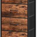 Somdot Tall Nightstand with Charging Station and LED Light for Bedroom, 5 Drawers Dresser with Fabric Bins for Bedside Kids Dorm Room Closet Laundry Entryway, Wood Grain Print (11"D x 16.5"W x 45.3"H (5 Drawers)