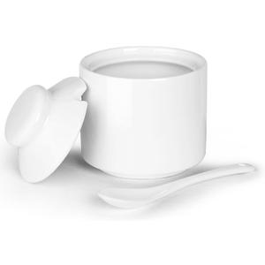 HAOTOP 8 oz Sugar Bowl with Lid and Spoon,Ceramic Sugar Jar Sugar Dispenser Sugar Container Coffee Bar Accessories, Kitchen Countertop Canisters (White)