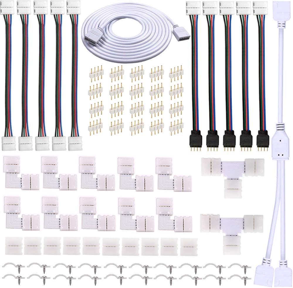 4 Pin LED Strip Connector Kit for 5050 RGB(NOT RGBIC) 10mm LED Light Strip,Include 8 Types of Solderless Accessories,Provide Most of Parts for DIY Lighting Project