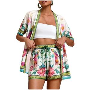 MakeMeChic Women's Two Piece Sets Summer Tropical Vacation Outfits Boho Floral Kimono Tops Shorts Set S