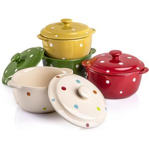 AVLA 4 Pack Porcelain Ramekins, 9 OZ Mini Casserole Bowl with Lid and Handle, Ceramic Souffle Soup Creme Brulee Bowls, Oven Safe, Mini Casserole Dish (Polka Dot, Assorted Color)