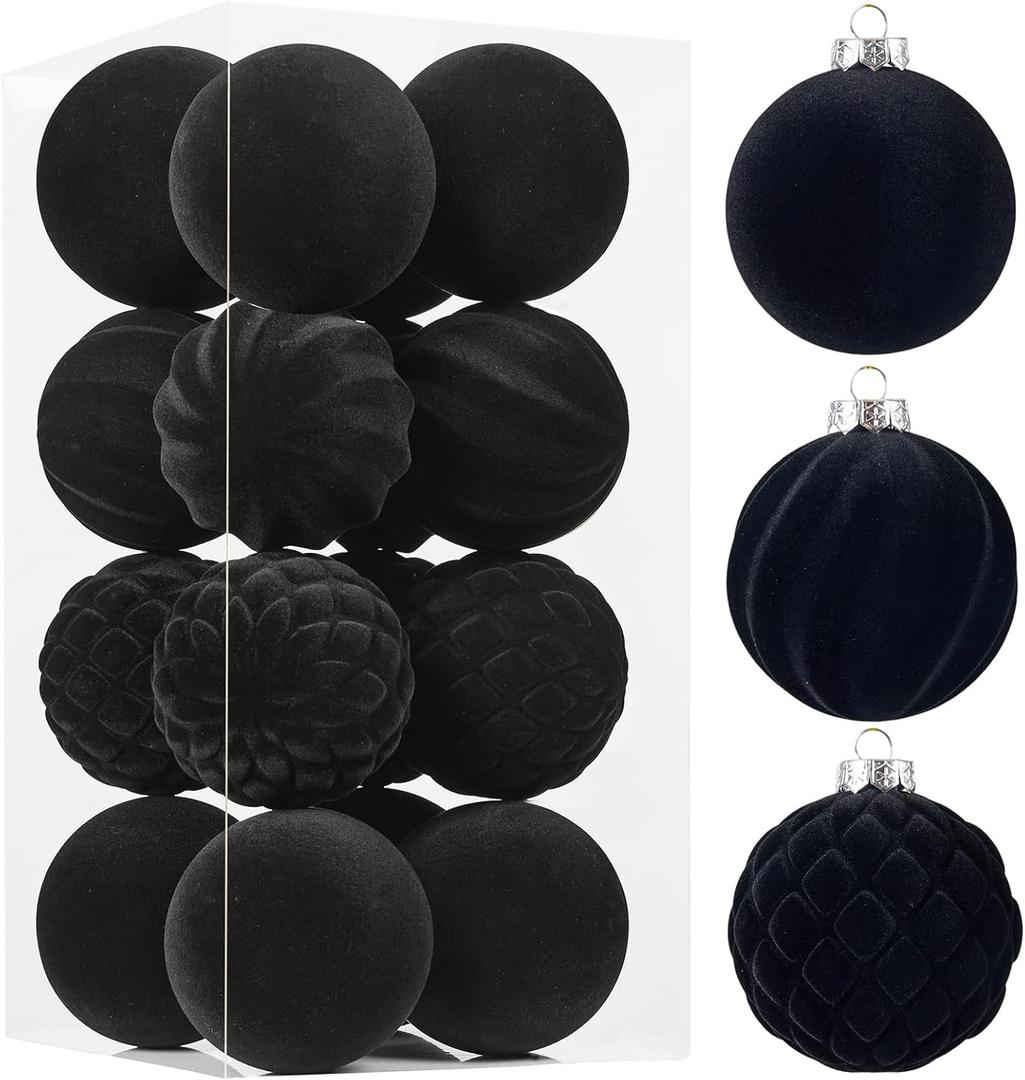 Wironlst Velvet Ornaments for Christmas Tree, 3 Style Flocked Matte Velvet Christmas Ball Ornaments, Shatterproof Decor for Xmas Tree Wedding Holiday Party Home (3.15" 16pcs Black)