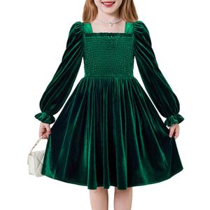 Arshiner Toddler Velvet Dress Girls Smocked Square Neck Puff Long Sleeve Party Dresses with Pockets 3-8Y (6-7 Years, Green)