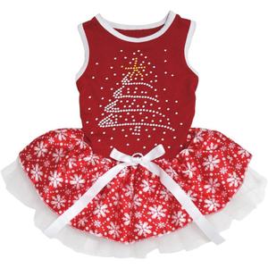 Petitebella Rhinestone Christmas Tree Puppy Dog Dress (Red/Red Snowflakes, Medium)