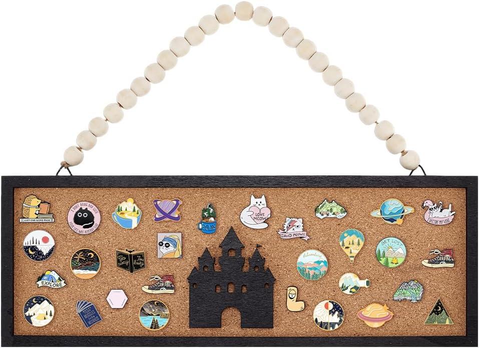 BENECREAT Rectangle Castle Pin Board Cork Board, 5.5x15inch Bulletin Display Board Wall Mounted Cork Board with Black Frame and White Beads for Brooch Pin Storage Display
