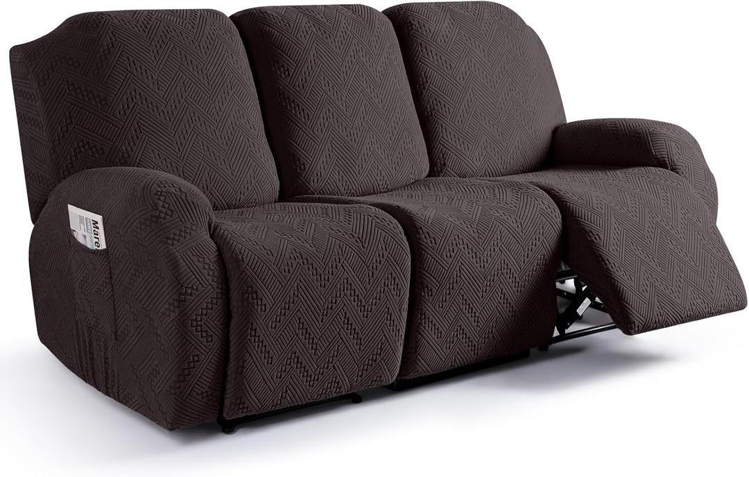 Ruaozz Recliner Sofa Covers Recliner Chair Covers Couch Covers for Reclining Couches with Pockets Washable Furniture Protector with Elastic Bottom (3 Seater, Chocolate)