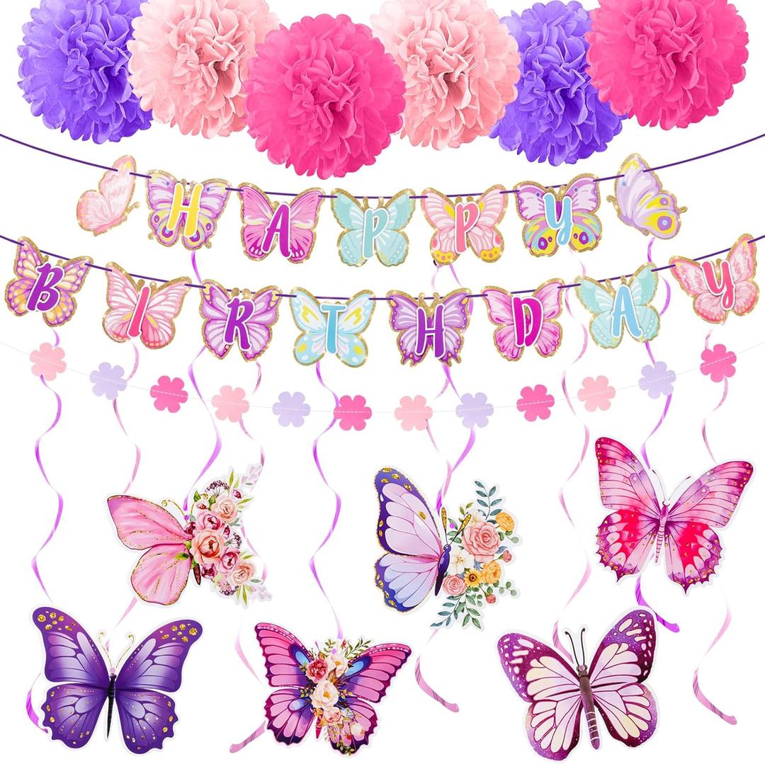 Vints Butterfly Birthday Party Decorations,Purple Pink Happy Birthday Butterfly Banner Butterfly Hanging Swirl Streamers 6 Pcs Tissue Pom Pom for Girls Party Spring Themed Party