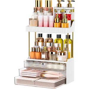 5 Tiers Bathroom Counter Organizer - 3 Drawers Makeup Organizer, Cosmetic Storage Drawer for Dresser Countertop and Bathroom Vanity for Large Skincare, Perfume, Clear (1 PACK)