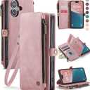 Defencase Compatible with iPhone 16 Case Wallet with RFID Blocking Card Holder for Women and Men, Fashion PU Leather Magnetic Snap Flip Zipper Strap Wallet Phone Case for iPhone 16 6.1", Rose Pink