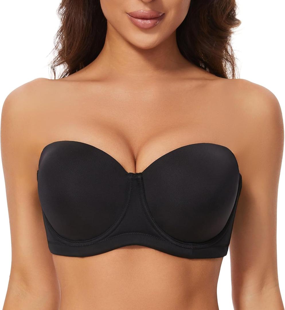 sheroine Strapless Push up Plus Size Lightly Lined Bra Underwire Multiway Full Coverage Padded Large Breasts Bras (42D, Black)