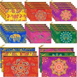36 Pcs Diwali Gifts Bulk, Indian Return Gifts for Pooja, Multicolor Canvas Makeup Bags with Golden Zipper, Travel Cosmetic Pouches with Classic Indian Motifs, Wedding Gift for Women
