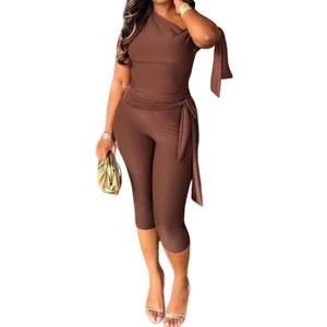 Fastkoala Women's 2 Piece Shorts Sets Outfits Casual Summer 2025 Sexy Off The Shoulder Bodycon Matching Pants Sets (Medium, Brown)