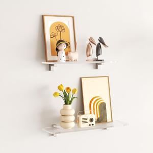 Clear Acrylic Shelf, Set of 2 Invisible Wall Shelves Wall Mounted Display Shelf, Floating Shelves for Bathroom, Bedroom, Living Room, Kitchen, Office (Wave 13.8 Inch Set of 2)