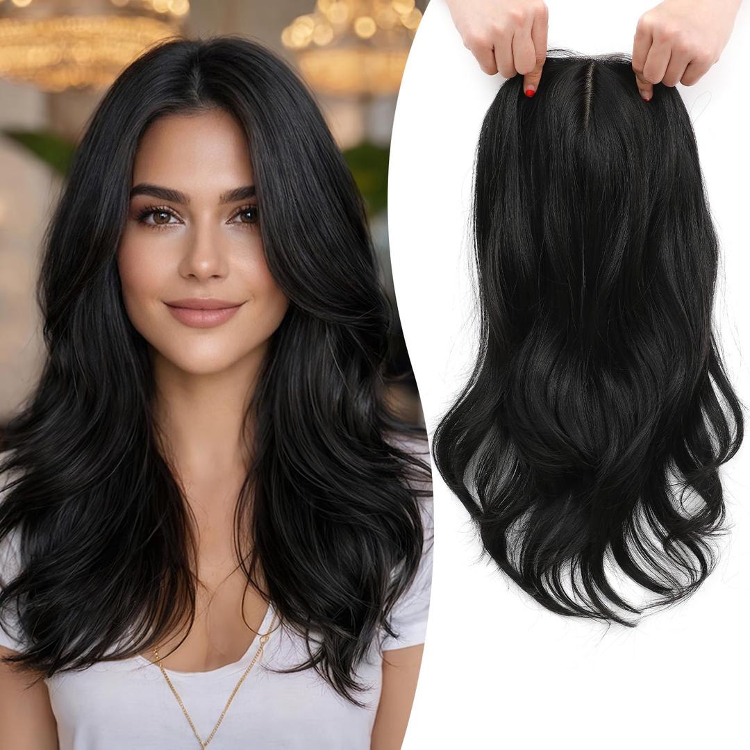 Fine Plus 18'' Hair Toppers for Women, Synthetic Natural Black Hair Topper Adds Volume Top Coverage for Thinning Hair & Gray Roots Lightweight Hairpieces with Natural Loose Wavy Texture for Daily Wear