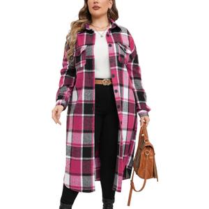 ZOMVA 2024 Women's 0X-5X Plus Size Long Flannel Plaid Shacket Jacket Oversized Button Down Coats Shirts with Pockets (4X-Large Plus, Pink)