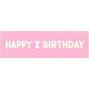 3 x 1st Birthday Decorations GirlPlastic Backdrop - 65" x 19.7" 1st Birthday Banner in Pink, Large First Birthday Decorations for Girl, Photography & Baby Party Supplies