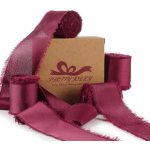 Pretty Jolly Burgundy Silk Satin Ribbon for Flower Bouquet 4 Rolls 1 1/2 Inch x 5Yd Handmade Frayed Fabric Ribbons for Gift Wrapping,Crafts,Baby Shower,Wedding Invitations,Hair Bows and Holiday Decor