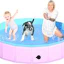 2025 Updated Foldable Dog Pool, 71" x 12" Kiddie Pool with Hard Plastic, Non-Slip Dog Bath Tub for Outdoor Backyard, Collapsible Dog Swimming Pool for Kids Dogs Pets (Pink)