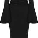 PRETTYGARDEN Maxi Dresses for Women Elegant Classy Spring Fall Long Bell Sleeve Ruched Bodycon Cocktail Party Slit Dress (Large, Black)