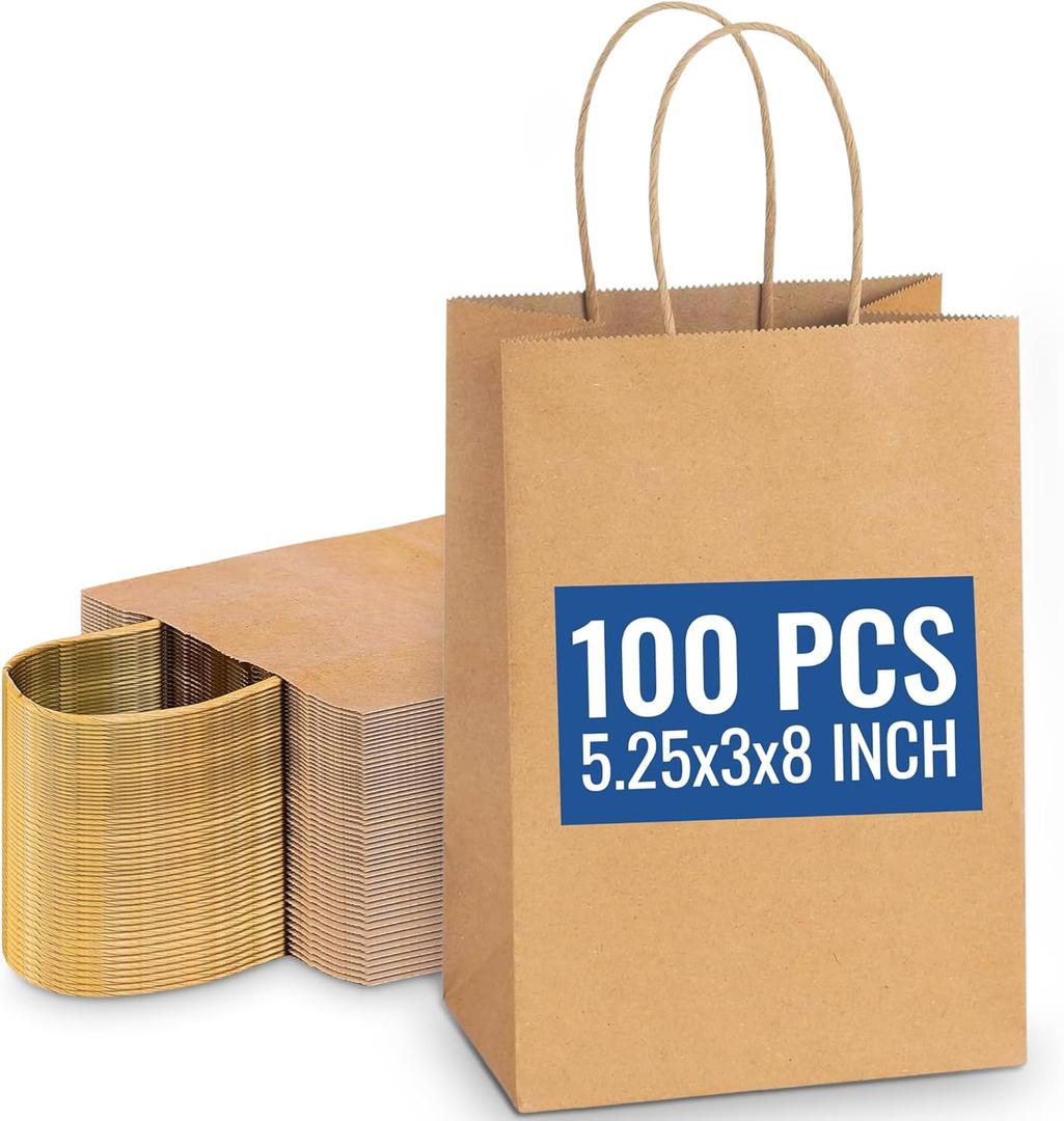 SNH Packing 100 Pcs 5.25x3x8 Inch Kraft Paper Gift Bags with Handles Brown Grocery Bag Small Size Ideal bags for small business, Party Favor, Bulk Retail & Shopping