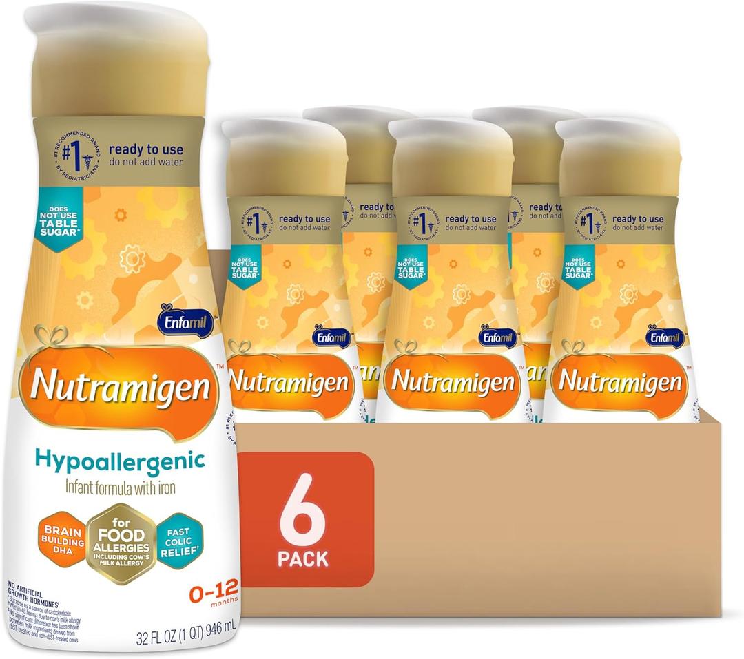 Enfamil Nutramigen Hypoallergenic Baby Formula with Iron, Lactose Free, Colic Relief from Cow's Milk Allergy Starts in 24 Hours, Brain Building DHA, Probiotic LGG for Immune Support, 32 Fl Oz, 6 Count, EXP: DEC 01 2026