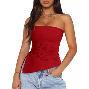 PRETTYGARDEN Tube Tops for Women Trendy Summer 2026 Spring Fashion Going Out Y2K Clothes Asymmetrical Ruched Strapless Shirts (Small, Red)
