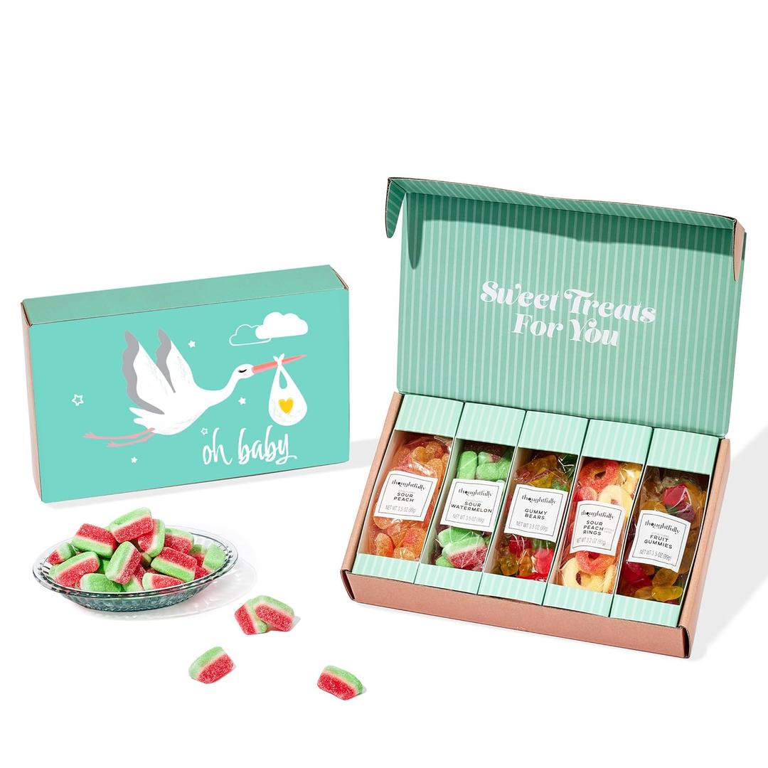 Thoughtfully, Baby Shower Sweet Gift Box, Includes Gummy Bears, Watermelon, Peach Rings, Sour Peach & Fruit Gummies, Fun Candy Sampler Gift Set for Celebrations (EXP 10/20/26)