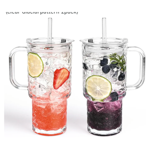 18oz Glass Tumbler with Handle & Lid – 2-Pack Iced Coffee Cups with Straws, Glass Mug for Cold & Hot Beverages Travel Cup for Smoothies, Tea, and Juice (clear-Glacial pattern-2pack)