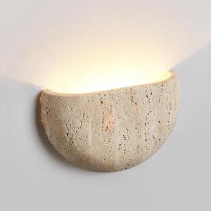 Semi Circle Yellow Travertine Wall Lamp Japanese Style Wabi-Sabi Art Lighting Fixture Half Moon Marble Wall Sconce Natural Stone Bedside Wall Light For Foyer Bedroom Stairs