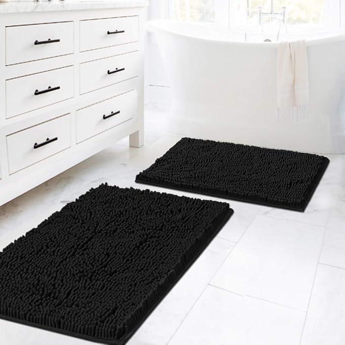 H.VERSAILTEX Black Bathroom Rug Set 2 Piece, Bath Mats for Bathroom Floor, Super Thick Soft Shaggy Chenille Bath Mats Machine Washable, Dry Fast Water Absorbent Bath Mats(20" x 32"/17" x 24")