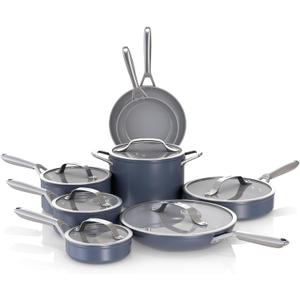 Ninja Ceramic Pro 14-Piece Cookware Set, Non-Stick Pots & Pans Set with Glass Lids, PTFE Free, Ceramic Coated, Oven Safe, All Stovetops & Induction Compatible, Midnight Blue, CW39014MM