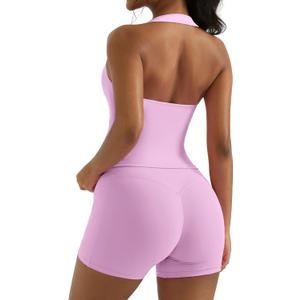 OMKAGI 2 Piece Workout Sets for Women Halter Sports Bra Tank Gym Biker Shorts Outfits (X-Small, Light Pink)