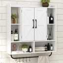 RUSTOWN Rustic Wood Wall Bathroom Cabinet, Farmhouse Medicine Cabinet Wall Mounted, Space Saving Wall Storage Cabinet with 2 Barn Door, 3-Tier Adjustable Shelves and Towel Bar (White)
