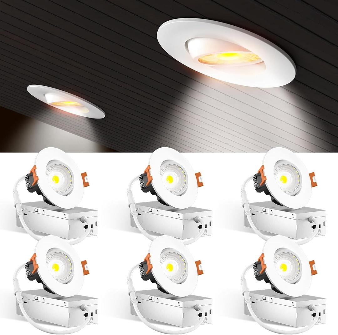 Amico 3 Inch 6 Pack 5CCT Eyeball LED Recessed Lighting, 360 Adjustable Rotation Gimbal Directional Downlight, Dimmable, 2700K/3000K/3500K/4000K/5000K Selectable, 8W 600LM CRI90+, White, ETL&FCC