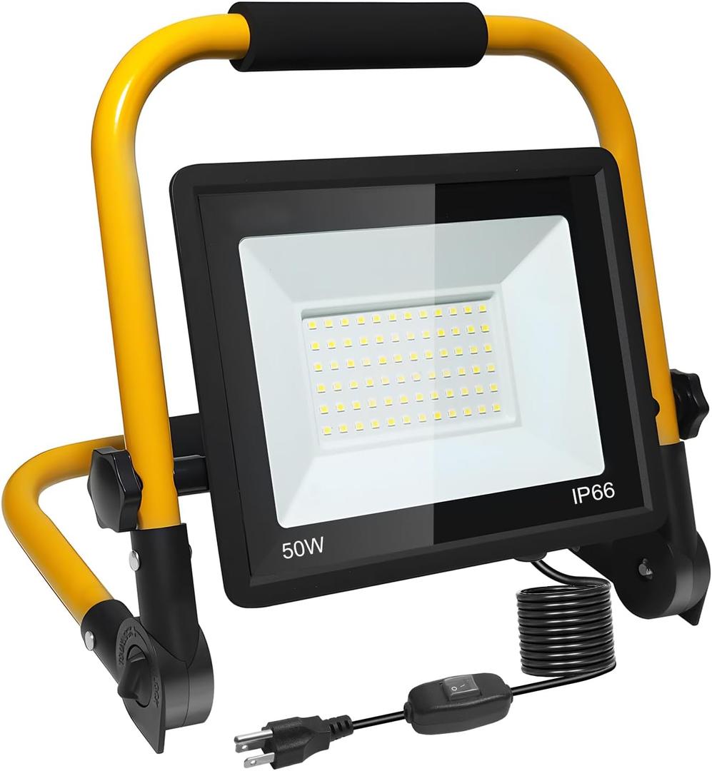 50W LED Flood Work Light 5500LM, 5000K Portable Construction Light with 16.5FT Cord & Switch, Adjustable Stand for Garage Workshop Job Site Repair, IP66 Waterproof