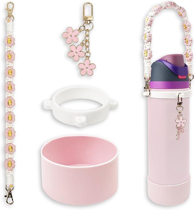 Silicone Boot Set for Owala Water Bottle 24 oz, 32 oz, 40 oz - Includes Anti-Slip Sleeve & Water Bottle Handle Strap, Perfect Owala Accessories, Fits Owala Tumbler, Owala FreeSip, Owala Candy Coated (Pink)