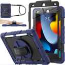 SEYMAC stock Case for iPad 9th/ 8th/ 7th Generation 10.2'', Shockproof with Screen Protector, Pencil Holder [360 Rotating Hand Strap] & Stand, for iPad 10.2 inch 2021-2019 (Navy Blue)