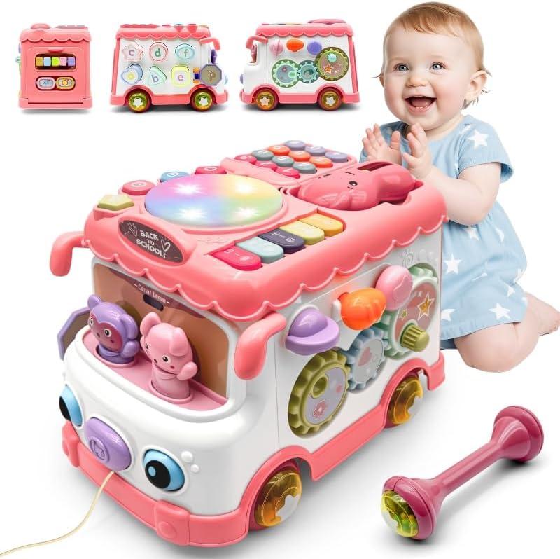 Baby Bus Toy for 1 Year Old Girl Gifts, Montessori Musical Bus Toy for Baby 12-18 Months, Baby Piano Drums for Toddlers 1-3, Shape Sort Toys 1st Birthday Gifts for Girls