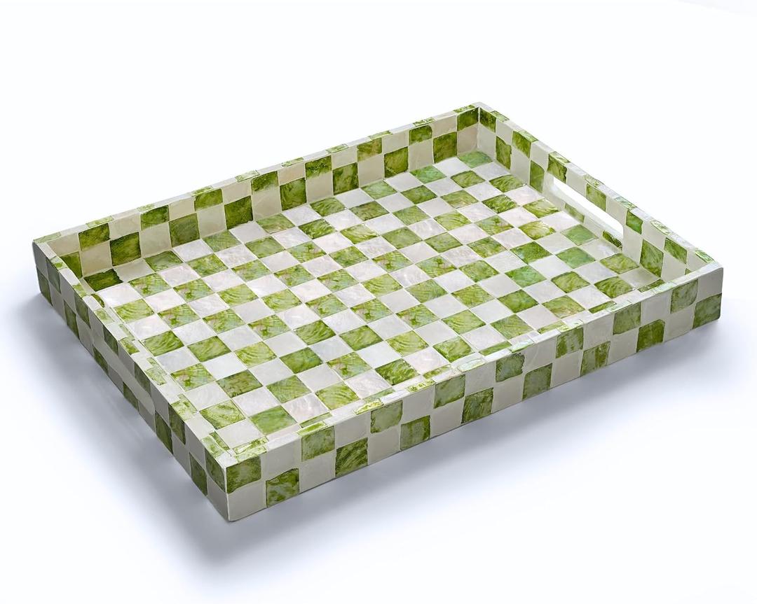 15.8" x 11.8" Decorative Rectangular Tray with Natural Capiz Shells, Checkered Tray with Handles, Serving Tray for Ottoman, Coffee Table, Kitchen Counter Home Decor (Pistachio Green)