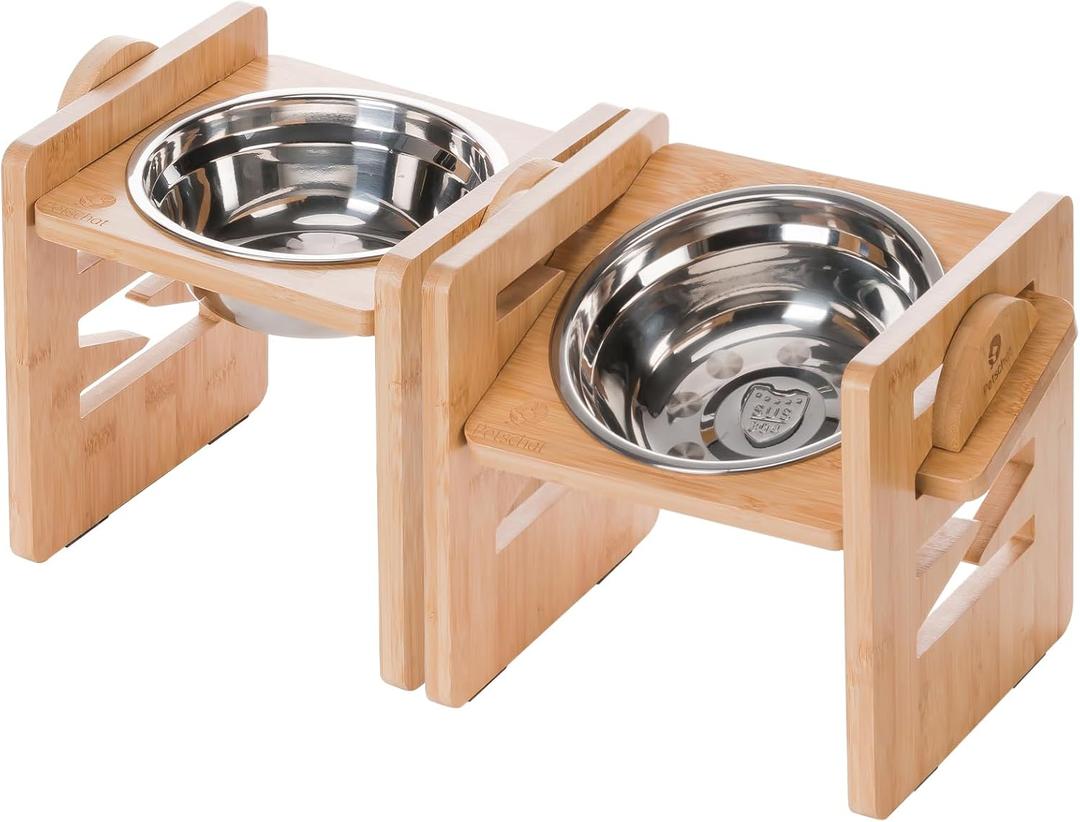 Elevated Dog Bowls, 6 Heights Adjustable Raised Dog Bowl 2.4-6.7, with Food Grade 304 Stainless Steel 15 OZ, Bamboo Dog Bowl Stand for Small & Medium Dogs Cats, 2 Pack
