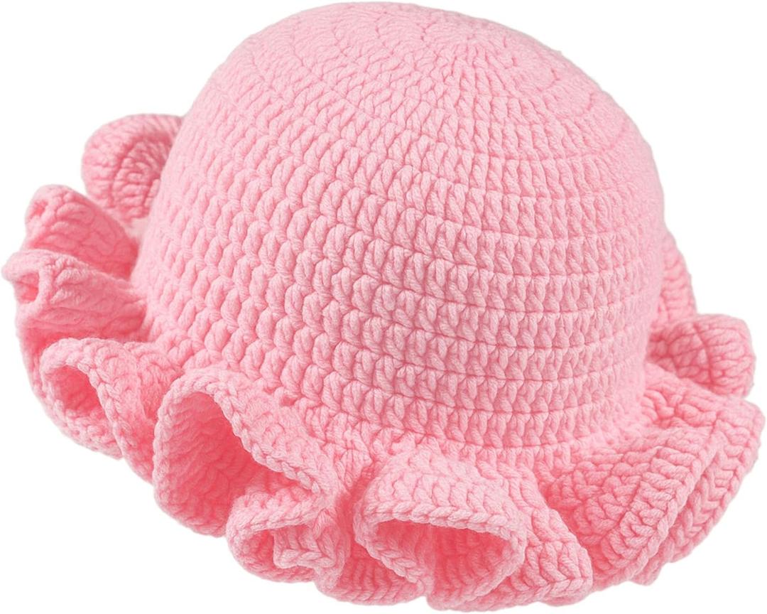Crochet Bucket Hat Women Trendy Knit Floppy Cap Cute Boho Handmade Beanies Outdoor Boho Travel Fishing Hat (7-7 1/4, Pink)